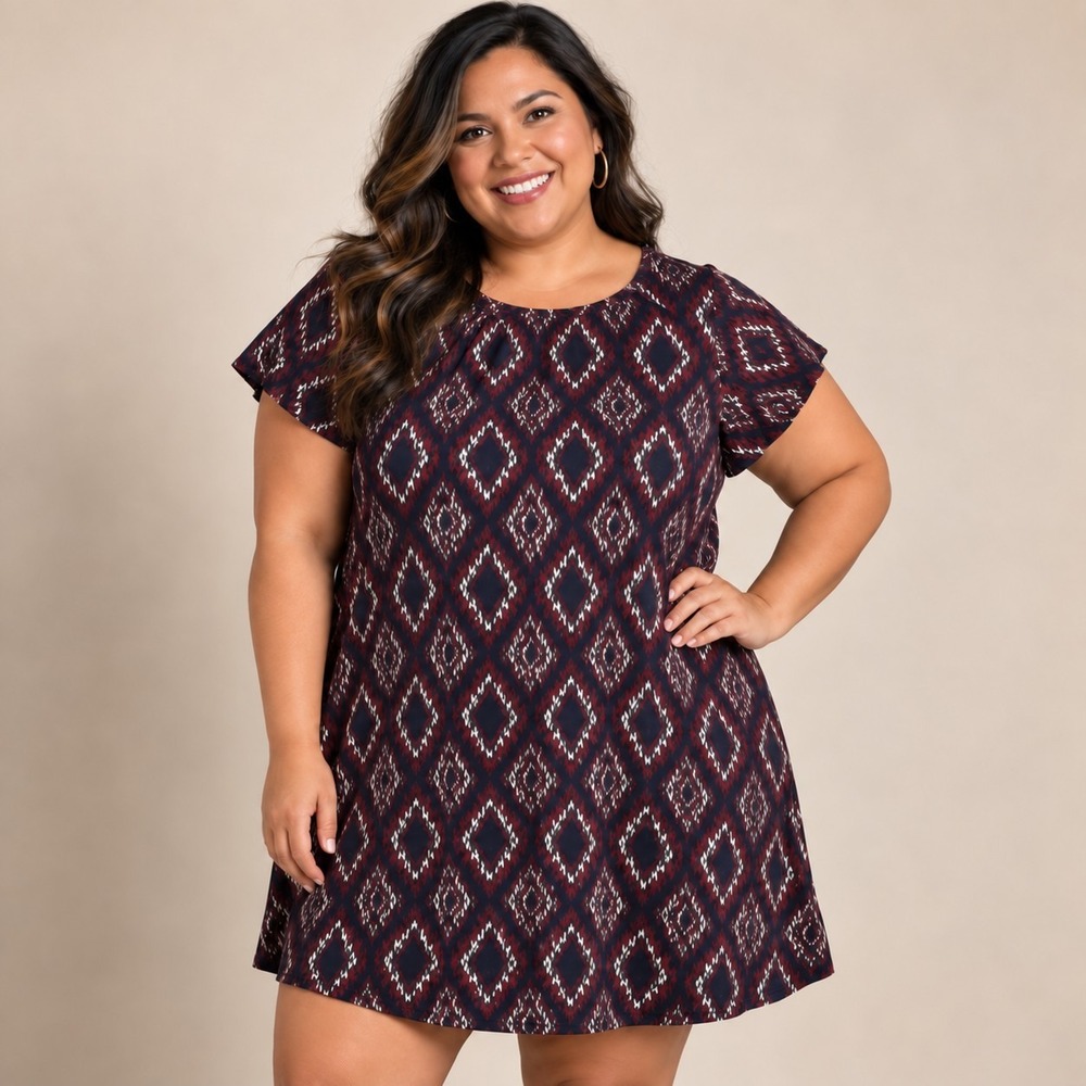 Cato Navy Shift Dress Women's 22/24W Plus 3X Mod Geo Aztec Tribal Boho Chic Y2K